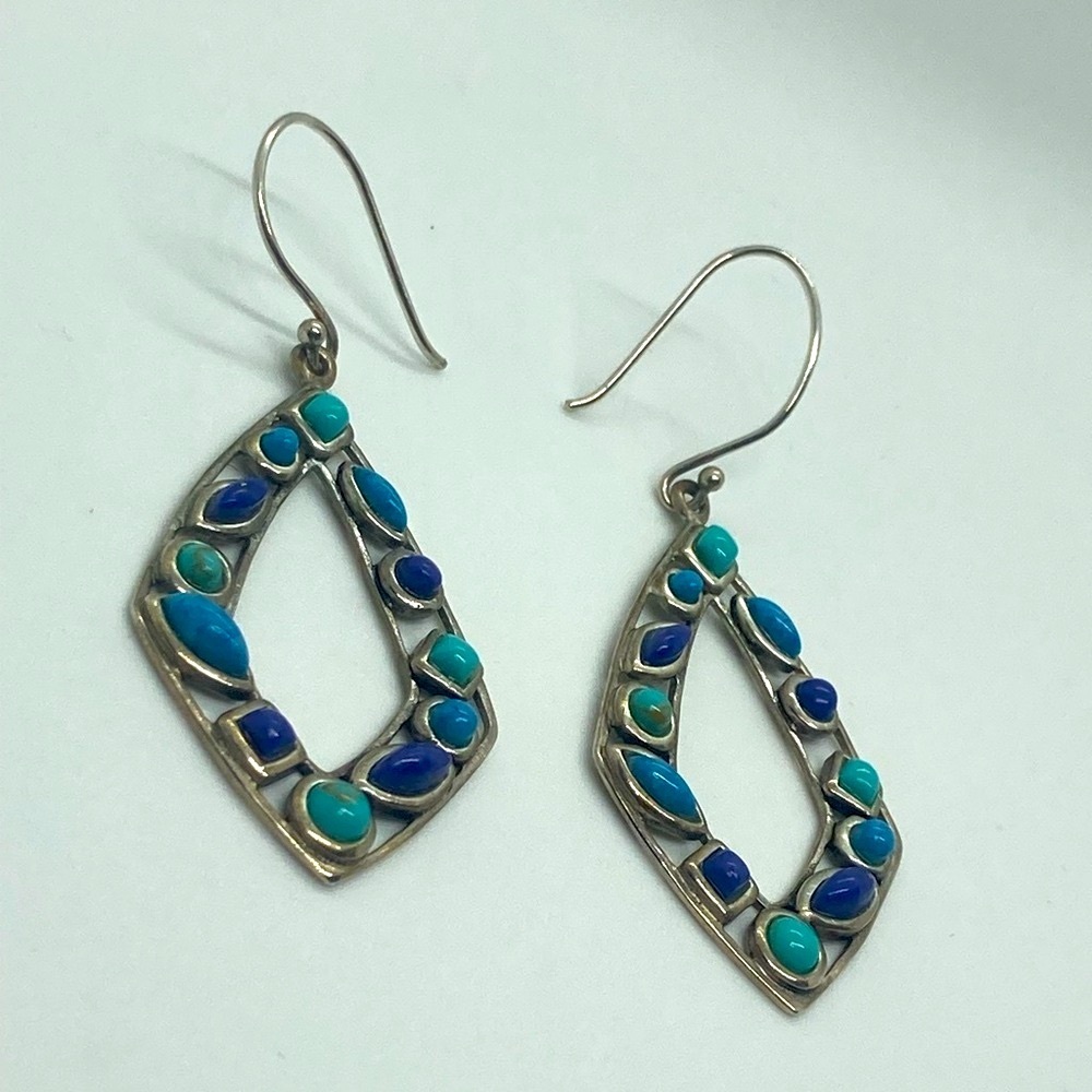 Vtg 925 Sterling Silver & Multi Colour Blue Turqouise Dangle Earrings | 2.2” - Picture 5 of 13